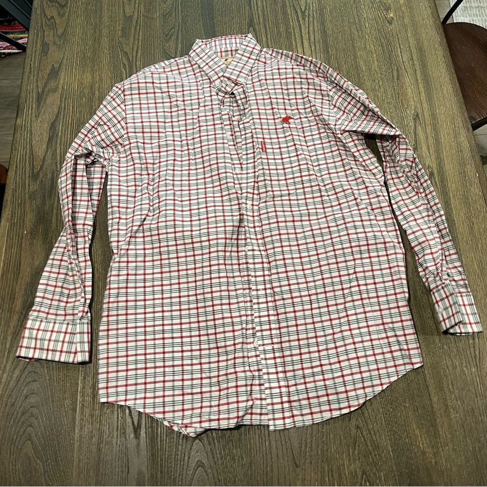 Tusk Wear Button Down Shirt Plaided Long Sleeve Collared Red White Gray Size L